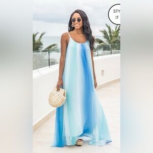 Pink lily small Blue Ombre Maxi Dress flowy beach with pockets